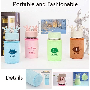 2018 Hot Sell Glass Water Bottle Portable 380 ml Glass Cup with Flannel Cup Cover and Mobile Phone Support Lid