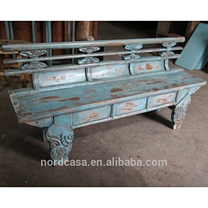 chinese antique style reclaimed wood blue color hand carved long bench