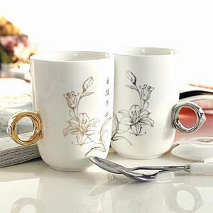 Fancy ceramic couples cups for coffee porcelain mug with spoon for wedding