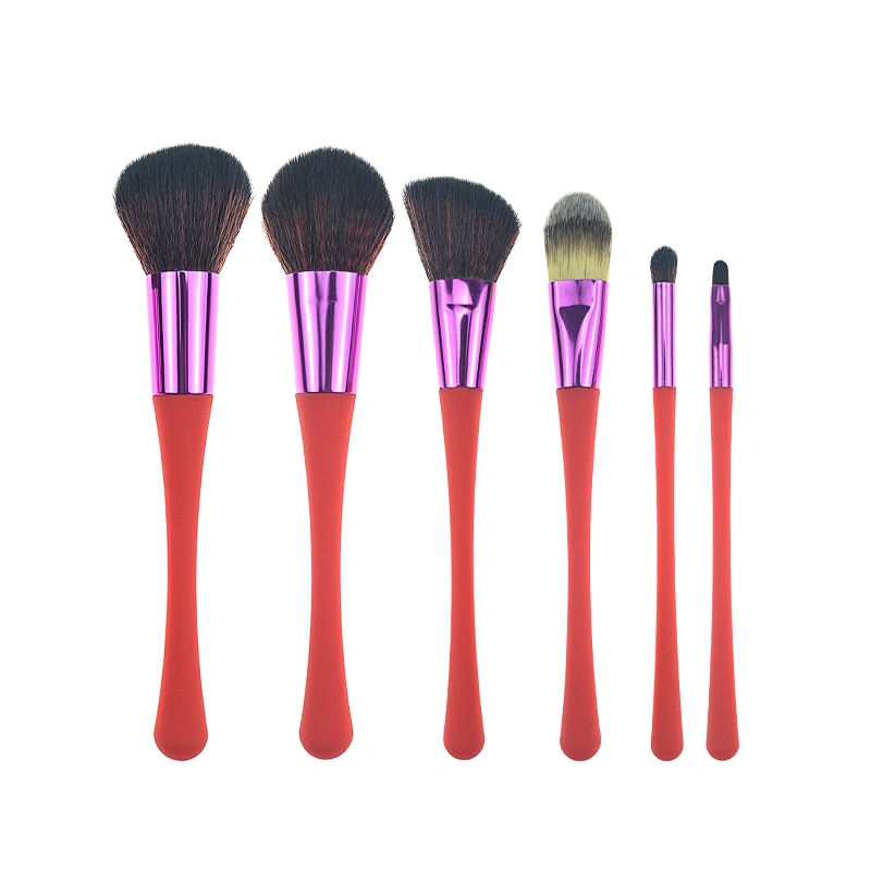 6pc makeup brush set with rubber plastic handle