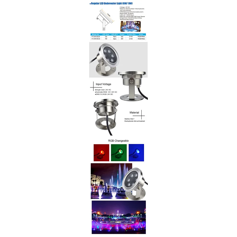 9W 24V AC RGB Color Changing Spot Light Fixture Outdoor Underwater Lamp Waterproof IP68