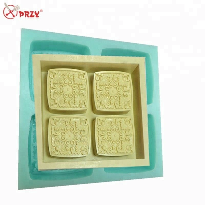 4 Cavities flower pattern Cake mould Silicone Curved Soap molds square Ice mold