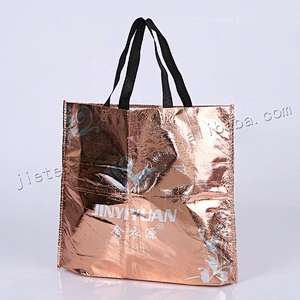 Shining gold colored stande up plastic non woven shopping bag for market