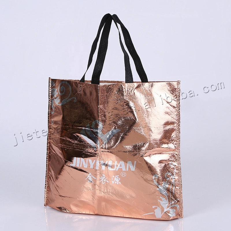 Shining gold colored stande up plastic non woven shopping bag for market