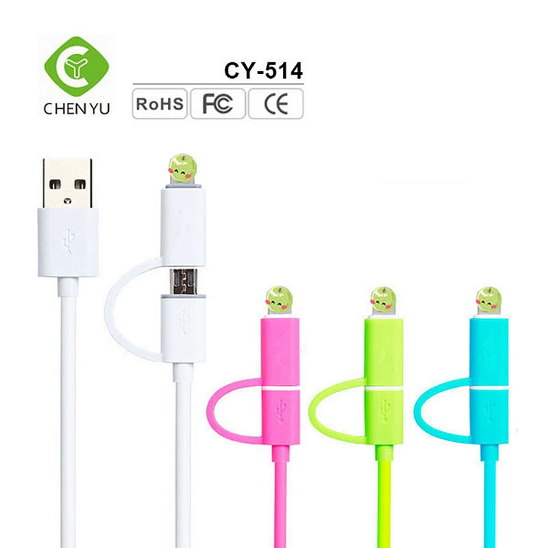 High quality cheap insulated 2 in 1 PVC flat data cable with micro usb for iphone 8 7 6