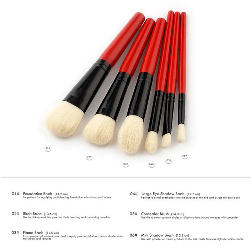 6pcs Wood Red Handle maquiagem Make Up Brushes Set Professional Nature Bristle Brushes Beauty Essentials Beauty Cosmetics