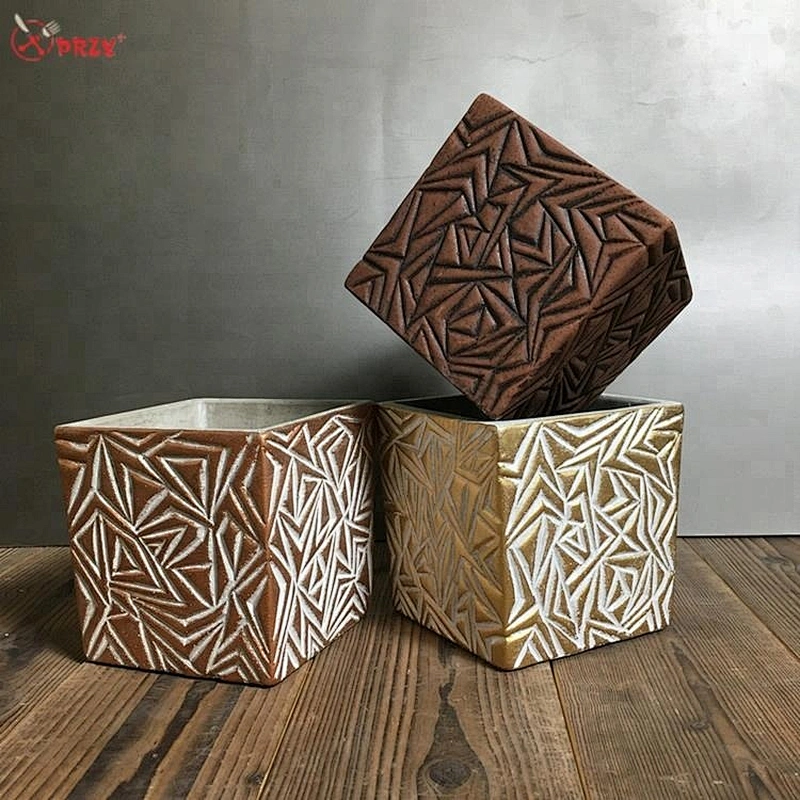 Geometric texture flower pot mold succulents Square Cement planter decoration silicone molds