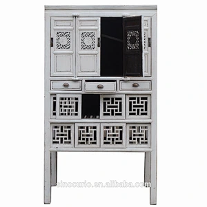 Antique chinese wholesale white solid wood carved kitchen cabinet