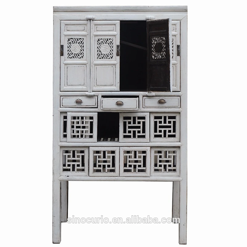 Antique chinese wholesale white solid wood carved kitchen cabinet