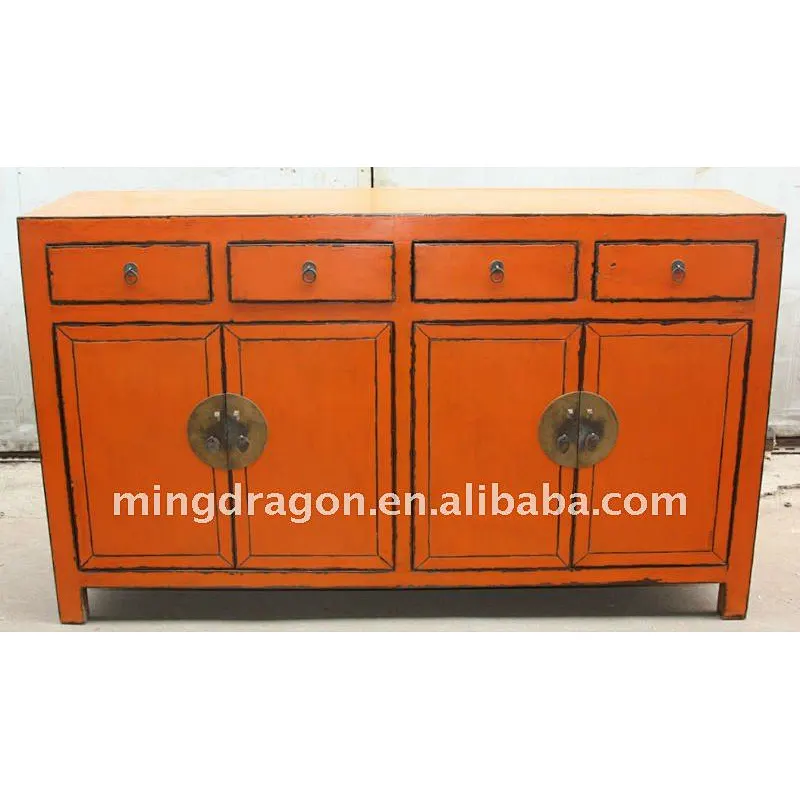 Chinese Antique Style Jilin Orange Four Door Four Drawer Cabinet