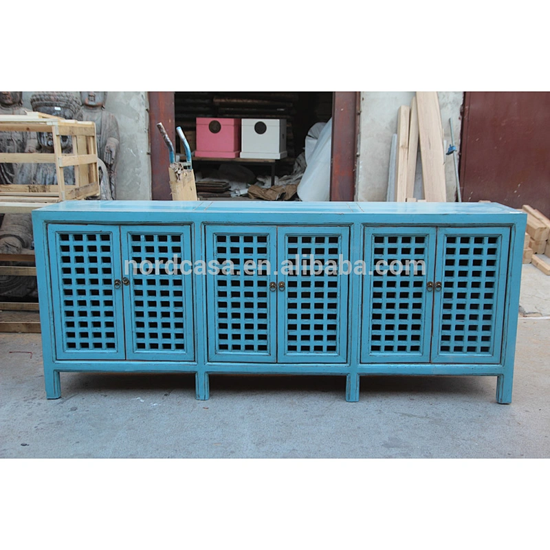 Chinese antique solid wood painted buffet sideboard Blue White Natural wood cabinet