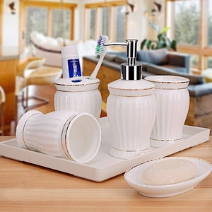 5 Pieces of Ceramic Bathroom Accessories Set Factory Directly Promotional Bathroom Toothbrush Cup Set Fringes Golden