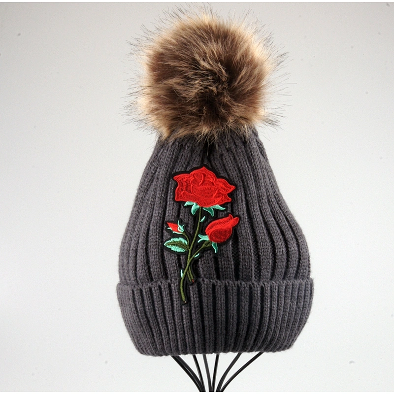 New Product Super Quality Rose Woman Emboribery Slouch Beanie Hat Knitted Beanie Hat