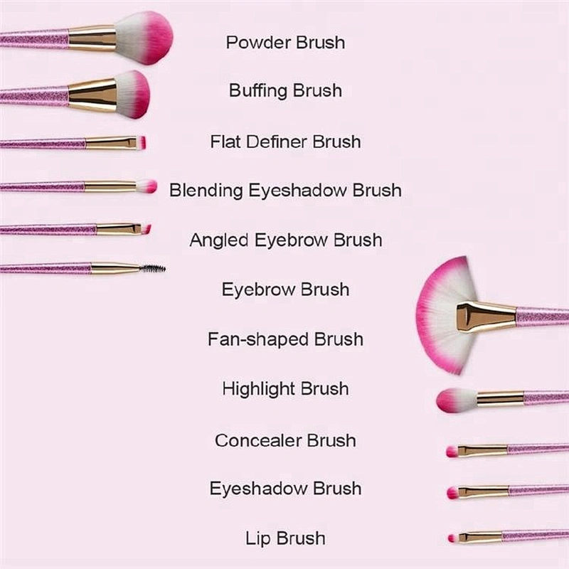 Pink 11pcs Glitter Diamond Makeup Brush Kit With Makeup Bag