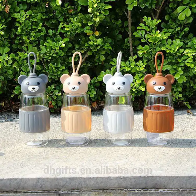 2018 Good Quality Eco-friendly PC Material Reusable PP Cup Cute Bear Shape Water Bottle with Anti-heat Silicone Sleeve