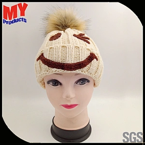 Manufacture adult kids warm winter hat custom knitted beanie hat with top fur ball