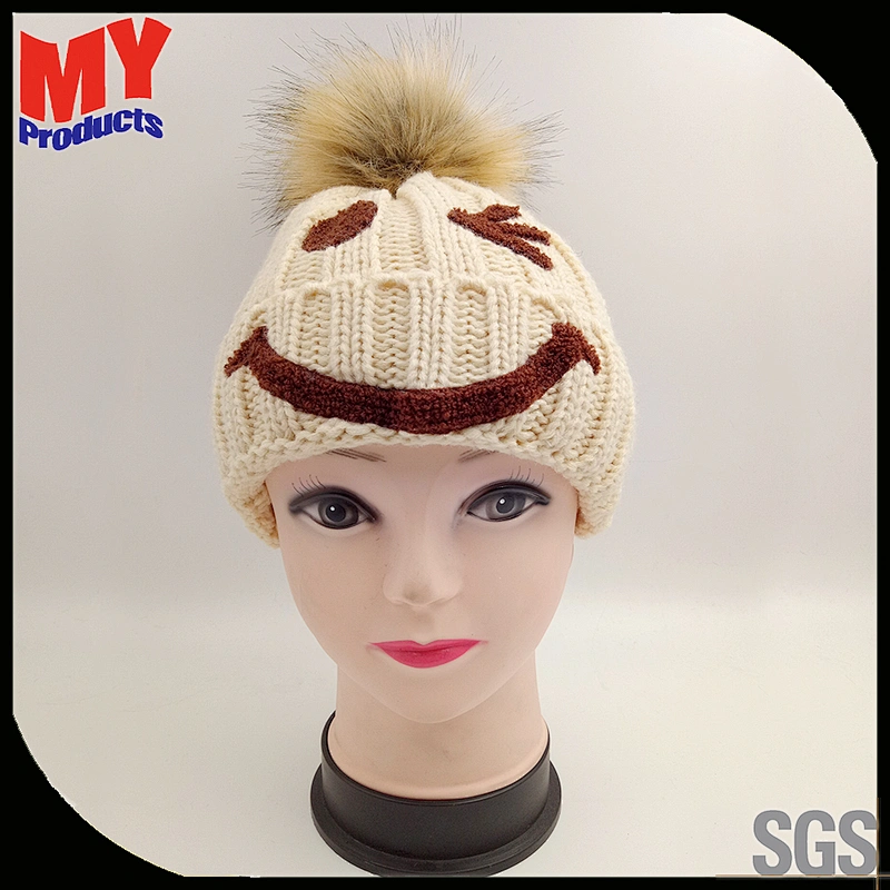 Manufacture adult kids warm winter hat custom knitted beanie hat with top fur ball