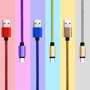 Colorful Fabric Nylon Braided Cloth Woven Metal Head Micro USB Data Charger 1m Cable