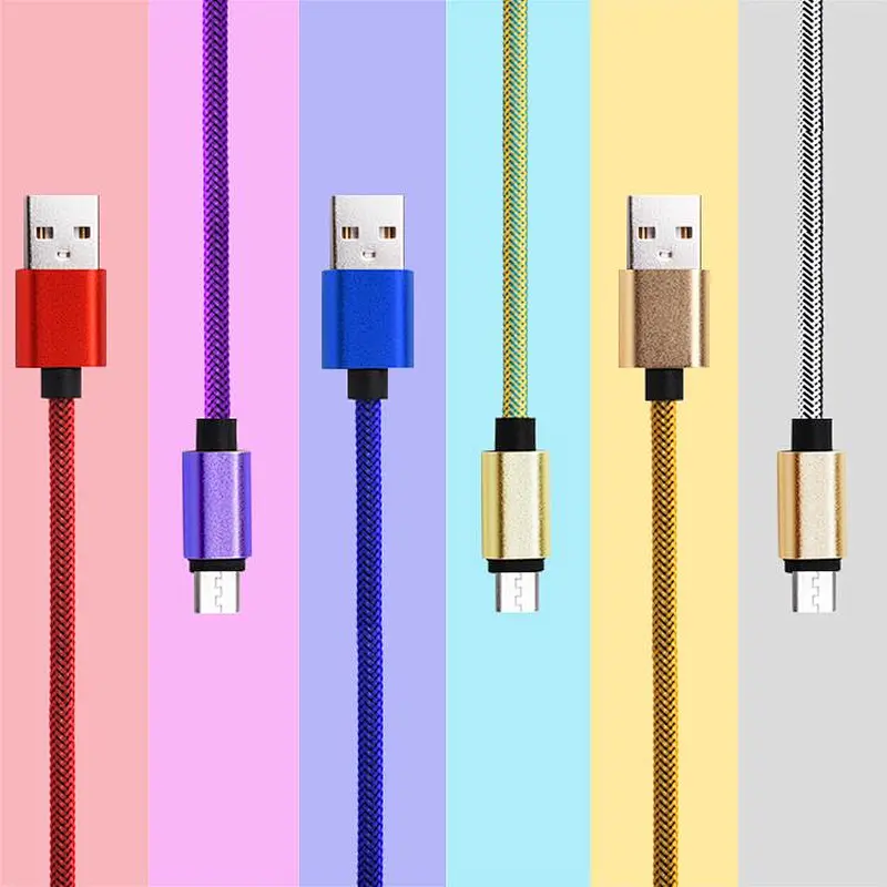 Colorful Fabric Nylon Braided Cloth Woven Metal Head Micro USB Data Charger 1m Cable