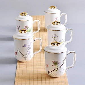 Traditional chinese flower pattern bone china porcelain cup with cover for tea