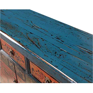 chinese antique furniture blue frame colourful two door three drawer cabinet
