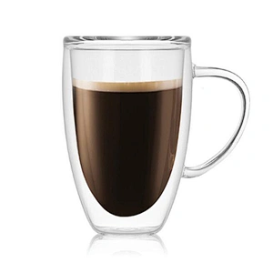 China Supply Promotional Glass Water Cup High Borosilicate Transparent Double Wall Mugs Coffee Cup for Office with Handle 350 ml