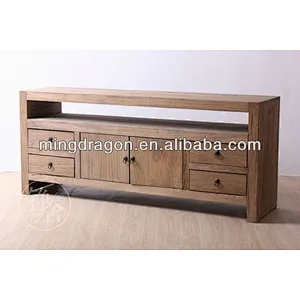 Chinese Antique Polish Industrial Metal Natural Solid Wood Sideboard Cabinet