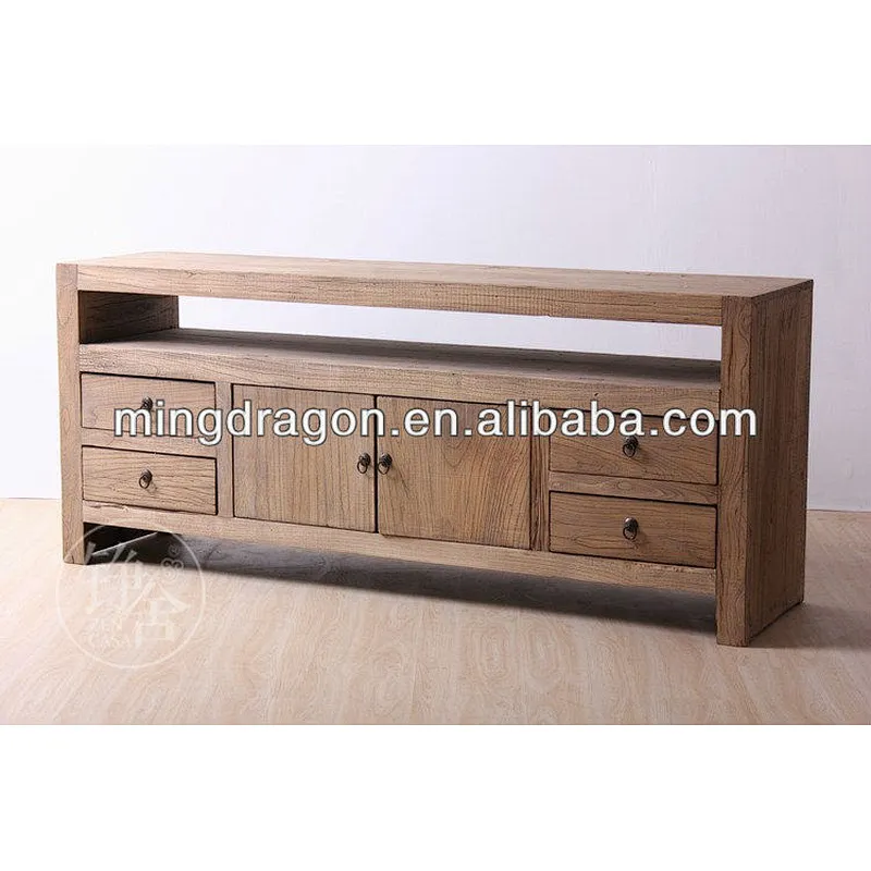 Chinese Antique Polish Industrial Metal Natural Solid Wood Sideboard Cabinet