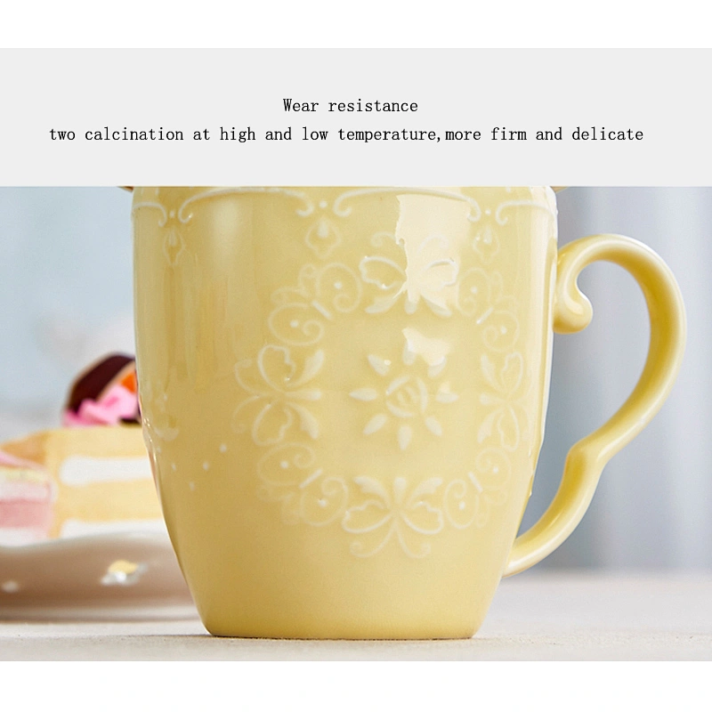 Fashionable carve pattern porcelain water cup with lad and spoon large capacity for drinking