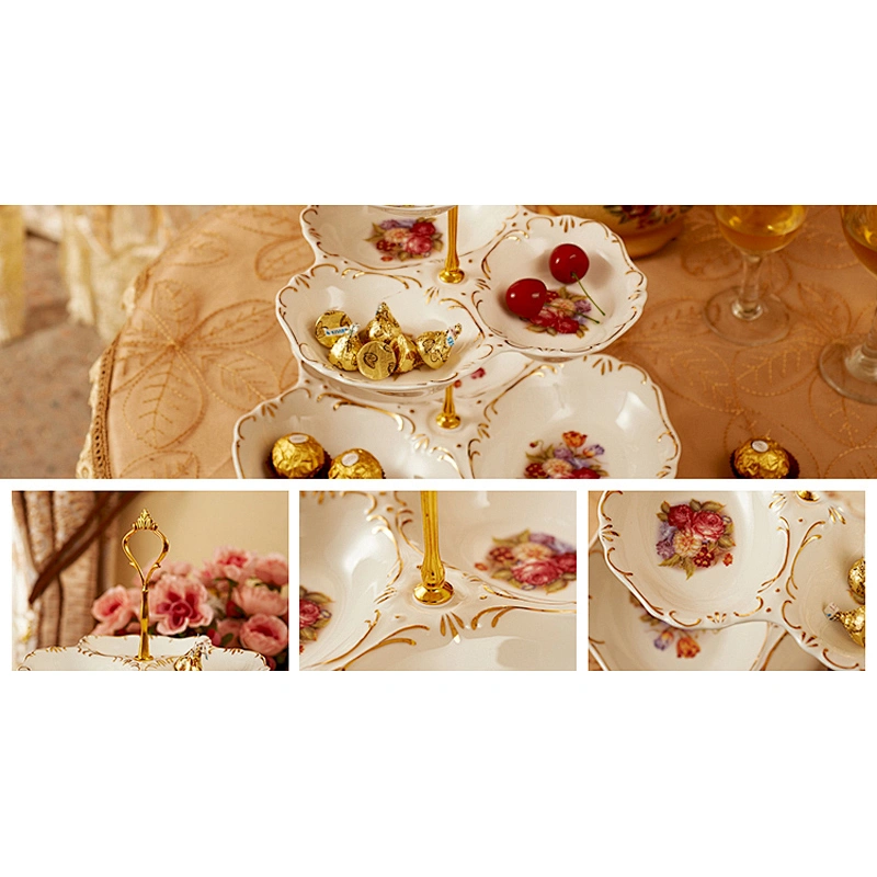 European Ceramic plate three layers of fruit plate gold crown design for celebration