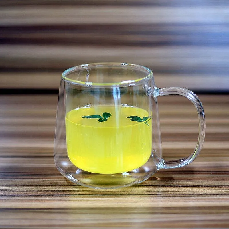 400 ml Double Wall Glass Mug Customized Logo Glass Water Bottle Juice Cup with Handle
