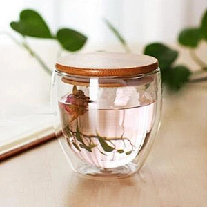 Hot-Sale High-End  450 ML Transparency Double Glass Cup  With  Bamboo Cover