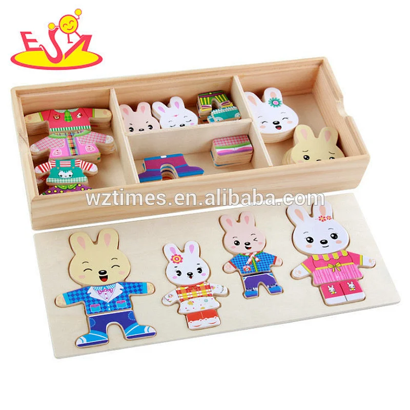 2018The latest hottest fun puzzle cartoon rabbit family wooden toy W14D059.