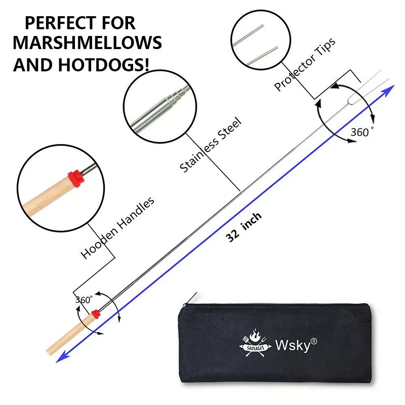 Hot dog Marshmallow Wooden Handle Stainless Steel Telescopic BBQ Forks