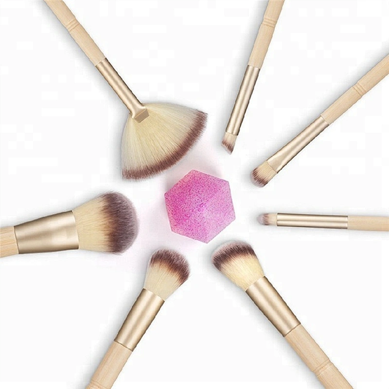 Custom Logo Bamboo Handle 7pcs Makeup Brush Set With Silicon Makeup Sponge Puff