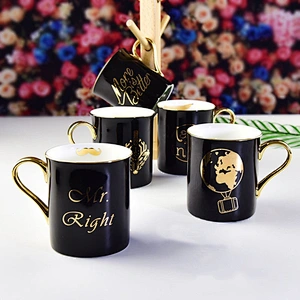 Bone china ceramic black mug creative gold stamp pattern for life
