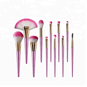 Pink 11pcs Glitter Diamond Makeup Brush Kit With Makeup Bag