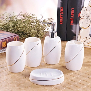 Fashion 5pcs Ceramic Bathroom Set Home Porcelain Toilet Set China Supplier in-stock Toothbrush and Gargle Cup