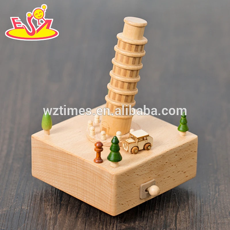 wholesale Customized cartoon wooden carousel music box natural color wood carousel music box W07B039