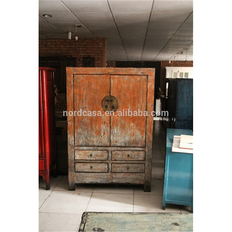 2 door 4 drawer wardrobe in old frame with new high glossy in orange shiny finish chinese antique asian old furniture cabinet