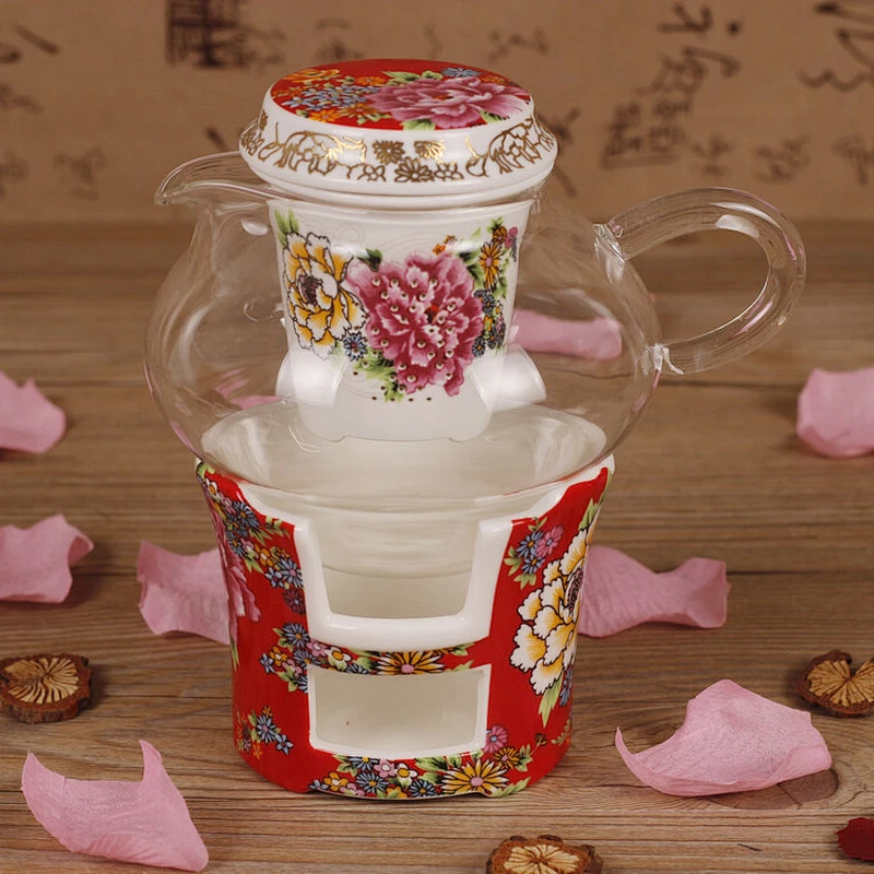 China Celebrity red peony pattern tea cup set glass bottle for wedding