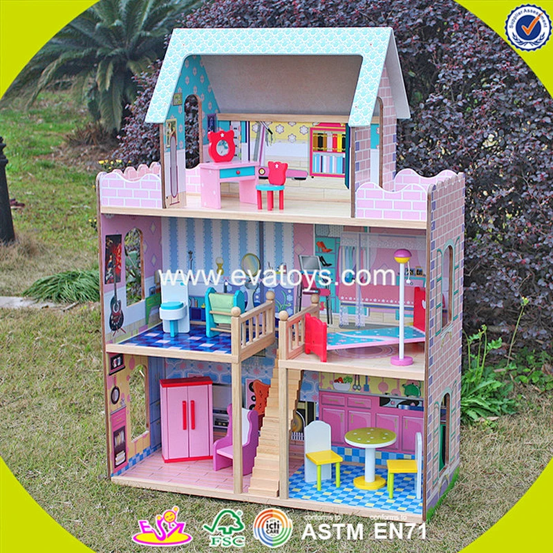 2018 New design baby wooden dolls house girls pink wooden dolls house top fashion kids wooden dolls house W06A037