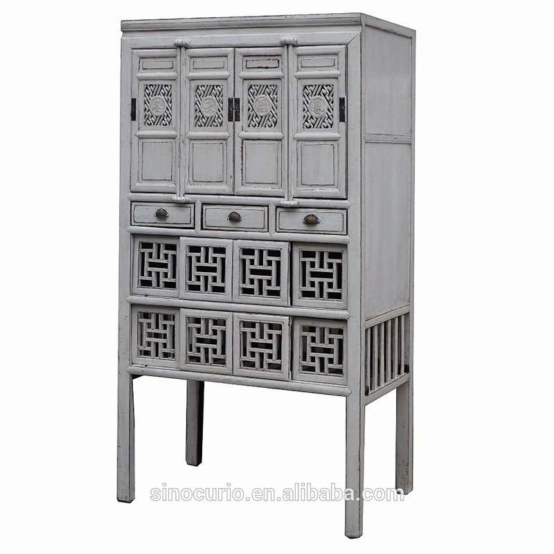 Antique chinese wholesale white solid wood carved kitchen cabinet