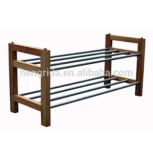 Solid walnut wood two tier shoe rack with wood and stainless steel