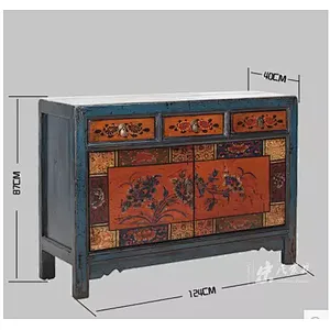 chinese antique furniture blue frame colourful two door three drawer cabinet