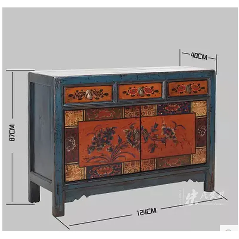 chinese antique furniture blue frame colourful two door three drawer cabinet