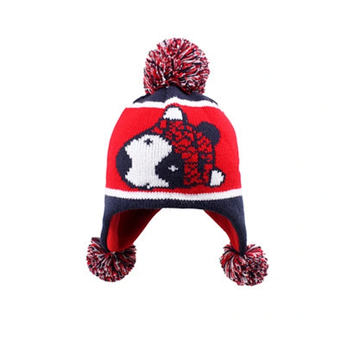 Wholesale Winter Kids Hat Fold Beanie Knitting Caps With Lovely Dog And Pom Pom Ball