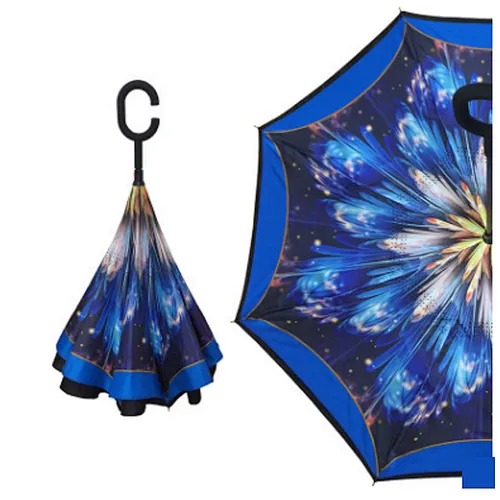 Reverse Folding Double Layer Inverted Umbrella And Self Standing Inside Out Rain Protection Umbrella With C Handle