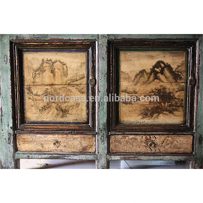 Shiny Old Three Door cabinet chinese sideboard antique light blue frame high glossy asian used furniture cabinet