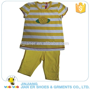 Customized baby girls yellow stripe top clothes 2 pcs sets